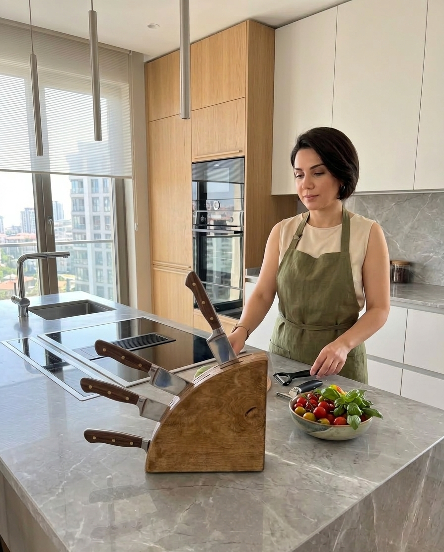 Painted Wooden Knife Holder Stand for Kitchen Counter, Decorative Blade Storage Display - wood material and finish detail