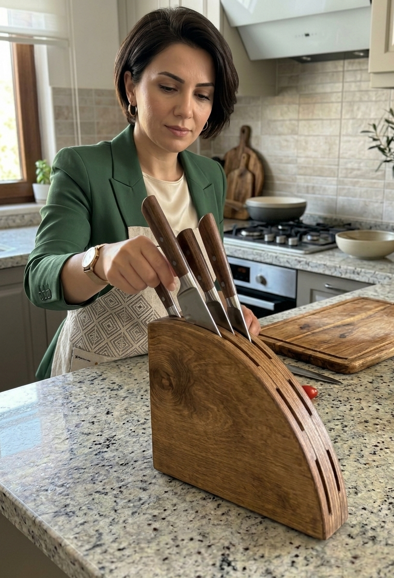 Painted Wooden Knife Holder Stand for Kitchen Counter, Decorative Blade Storage Display - side view showing the product profile