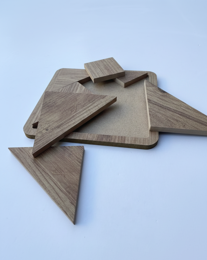 Brown Square Wooden Puzzle Toy, MDF Montessori-Style Activity Board, Minimal Kids Puzzle, Handmade Wooden Play Toy - scale and shape detail