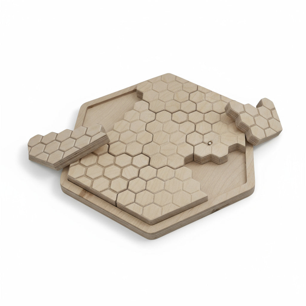 Honeycomb Wooden Puzzle Toy, Natural Wood Puzzle Board, Handmade Activity Toy for Kids, Nursery Shelf Display, Gift Idea - close up of the honeycomb puzzle pattern