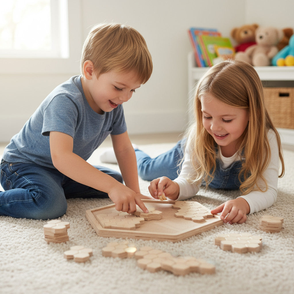 Honeycomb Wooden Puzzle Toy, Natural Wood Puzzle Board, Handmade Activity Toy for Kids, Nursery Shelf Display, Gift Idea - handmade wooden toy detail