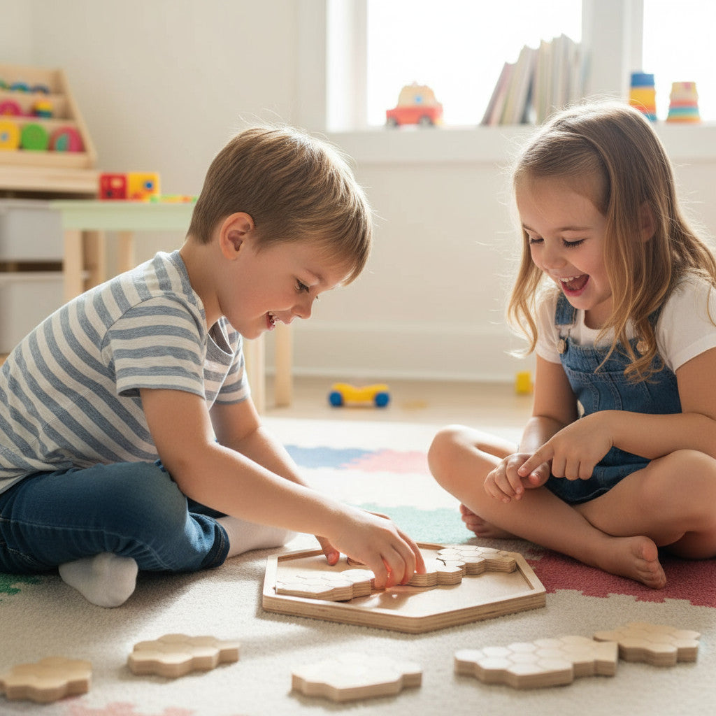 Honeycomb Wooden Puzzle Toy, Natural Wood Puzzle Board, Handmade Activity Toy for Kids, Nursery Shelf Display, Gift Idea - front view of the wooden activity toy