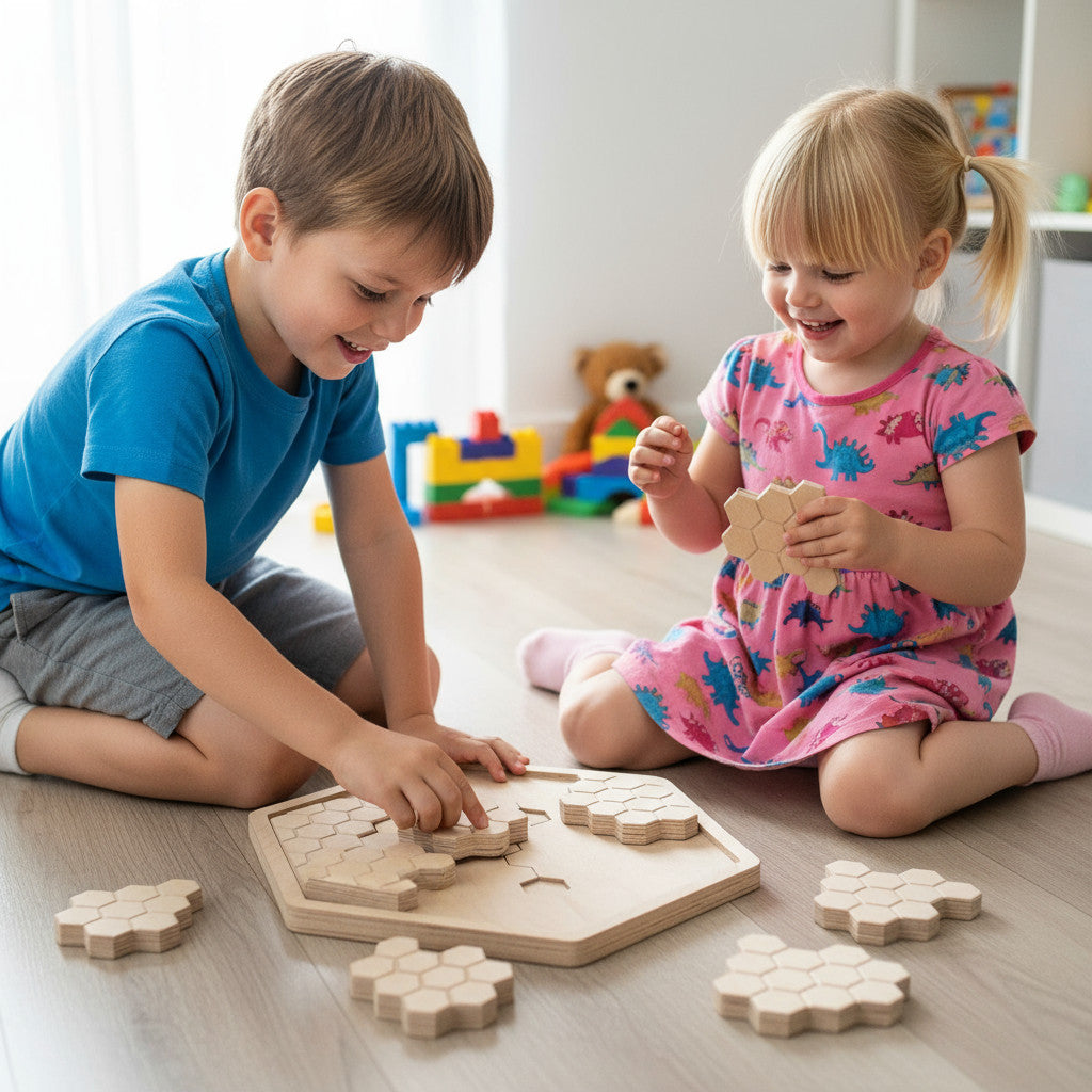 Honeycomb Wooden Puzzle Toy, Natural Wood Puzzle Board, Handmade Activity Toy for Kids, Nursery Shelf Display, Gift Idea - detail view for shoppers