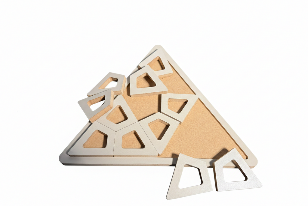 Gray Triangle Wooden Puzzle Board for Kids, 25 cm MDF Puzzle Toy, Hands-On Activity Toy for Playroom or Nursery - close up of the triangle puzzle shape