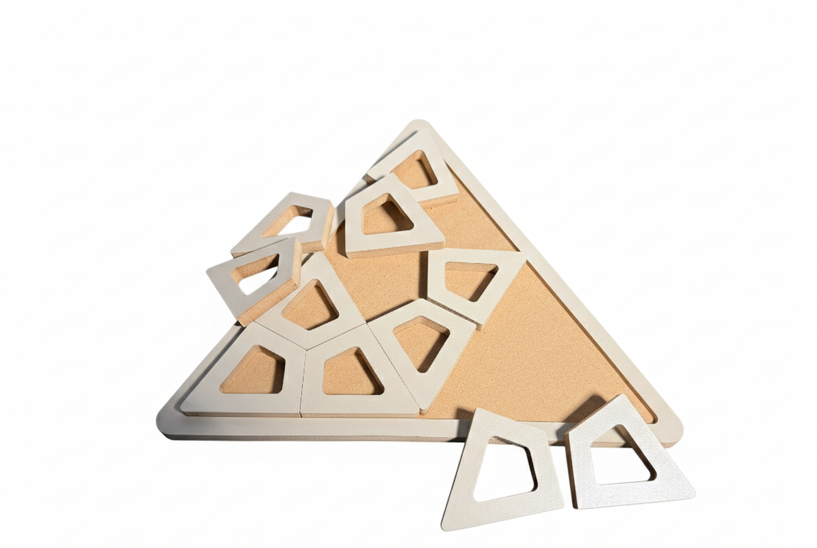 Gray Triangle Wooden Puzzle Board for Kids, 25 cm MDF Puzzle Toy, Hands-On Activity Toy for Playroom or Nursery - close up of the triangle puzzle shape