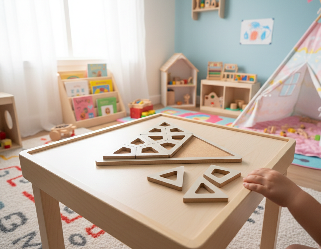 Gray Triangle Wooden Puzzle Board for Kids, 25 cm MDF Puzzle Toy, Hands-On Activity Toy for Playroom or Nursery - scale and shape detail