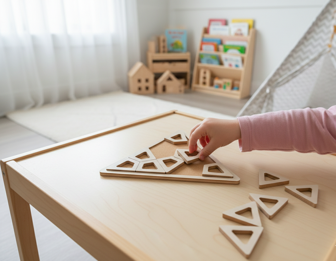 Gray Triangle Wooden Puzzle Board for Kids, 25 cm MDF Puzzle Toy, Hands-On Activity Toy for Playroom or Nursery - playroom or nursery display idea