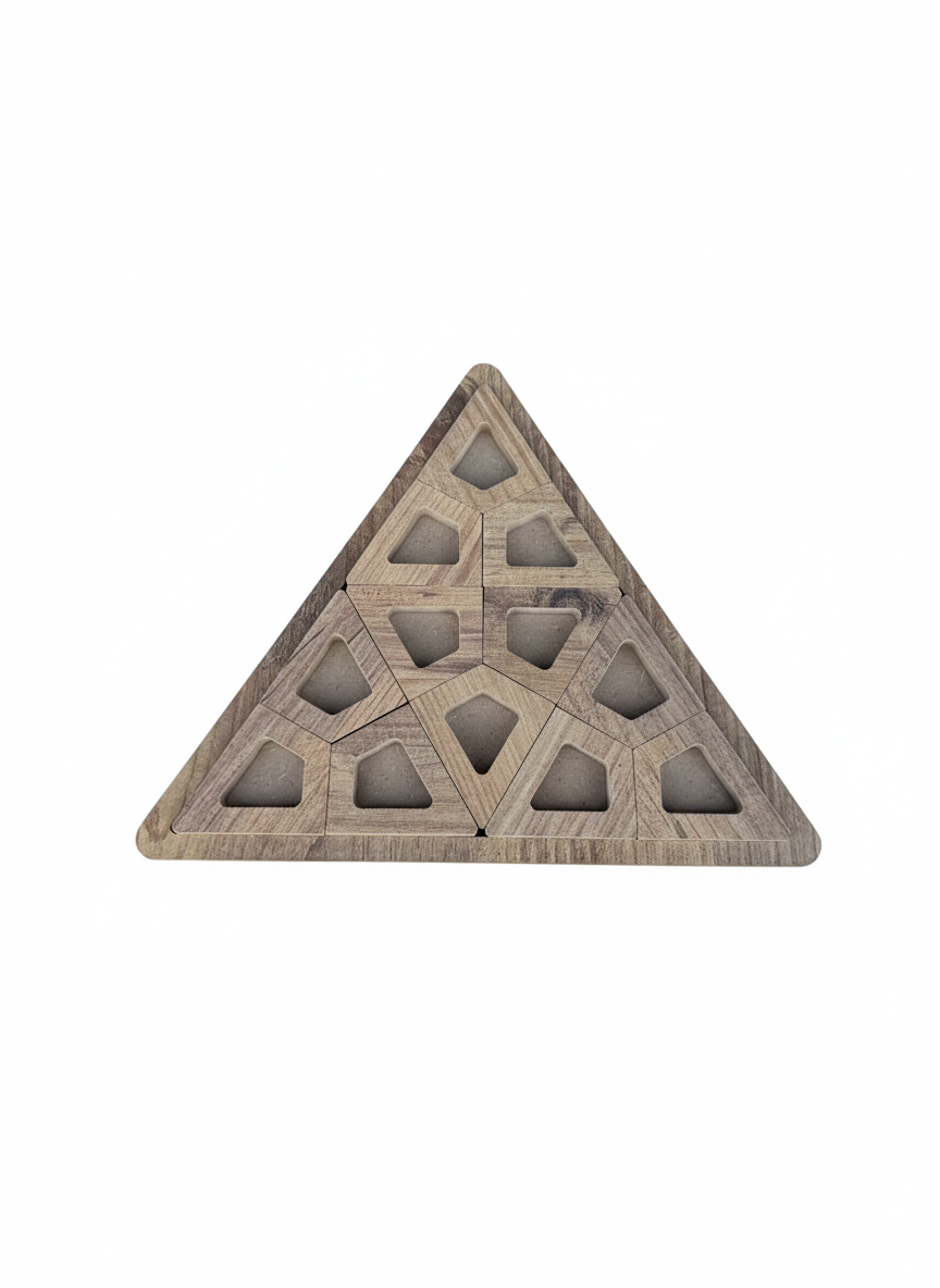 Wooden Triangle Puzzle in Brown, MDF Puzzle Board, Handcrafted Geometric Activity Toy - close up of the triangle puzzle shape
