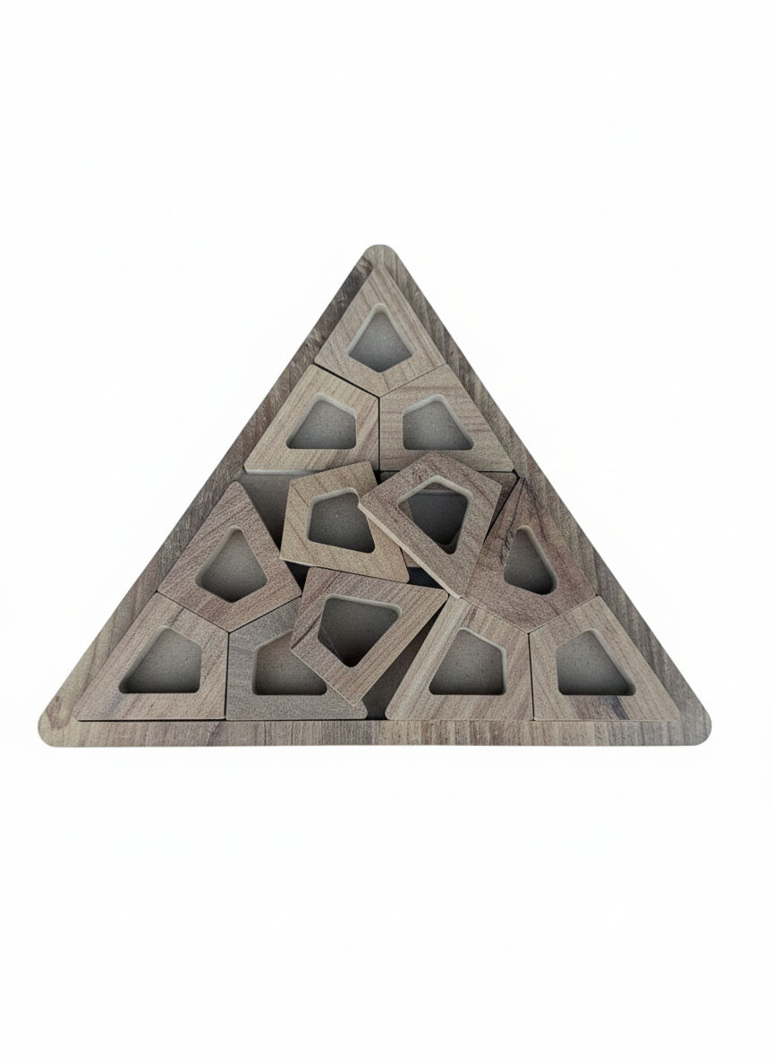Wooden Triangle Puzzle in Brown, MDF Puzzle Board, Handcrafted Geometric Activity Toy - wood material and finish detail