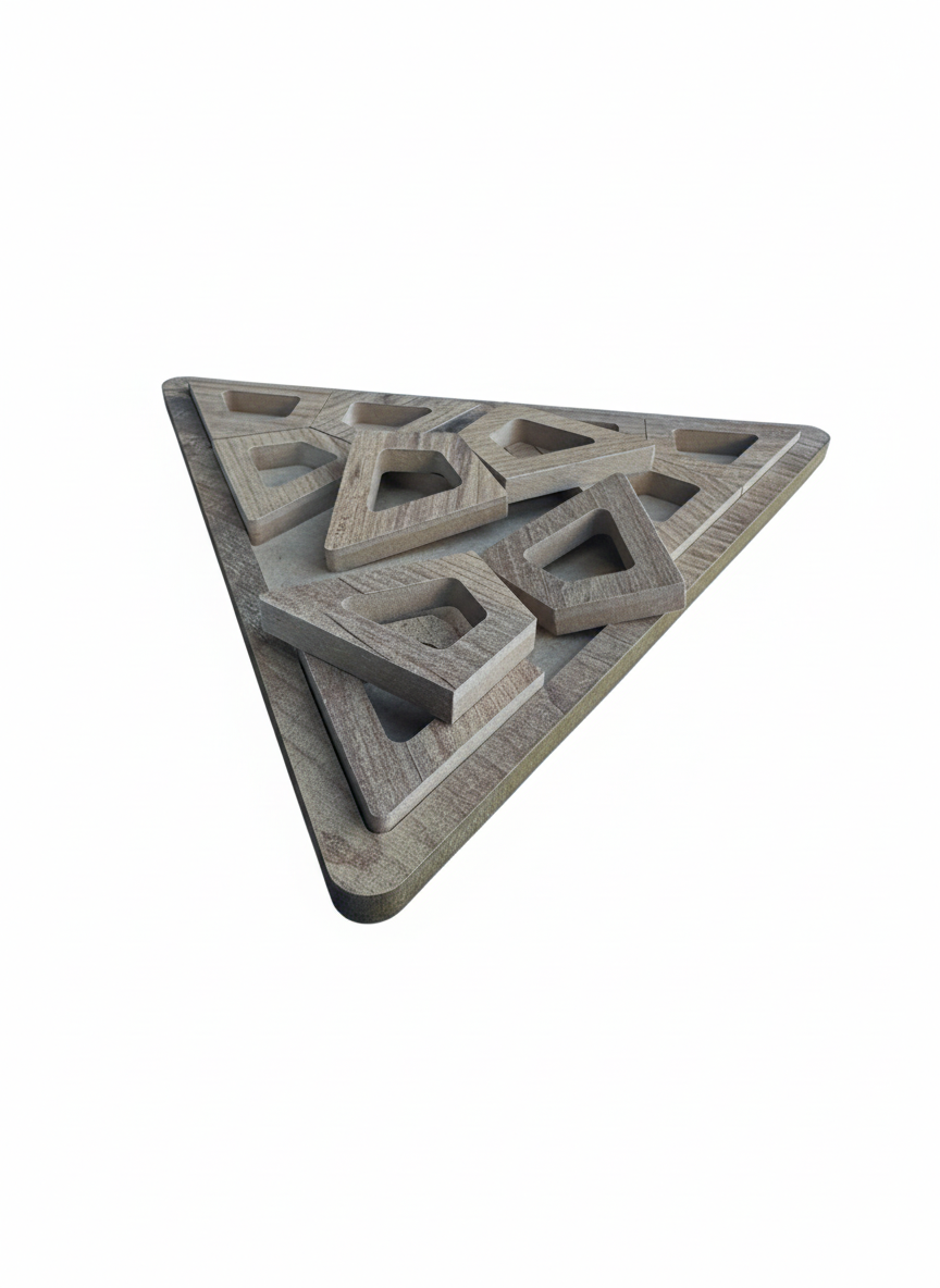 Wooden Triangle Puzzle in Brown, MDF Puzzle Board, Handcrafted Geometric Activity Toy - side view showing the slim profile