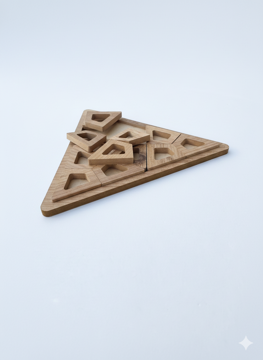 Wooden Triangle Puzzle in Brown, MDF Puzzle Board, Handcrafted Geometric Activity Toy - detail view for shoppers