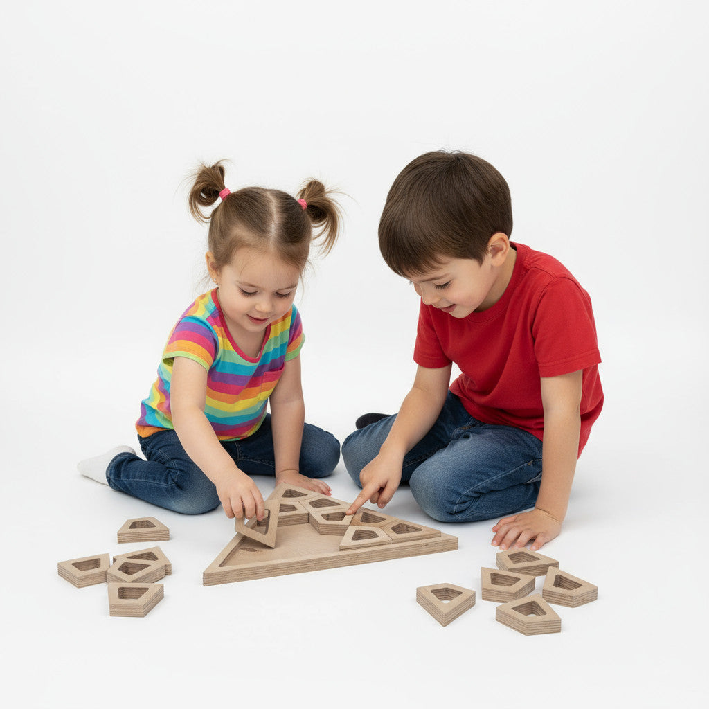 Wooden Triangle Puzzle Board in Birch, Handmade Wooden Puzzle Toy - side view showing the slim profile