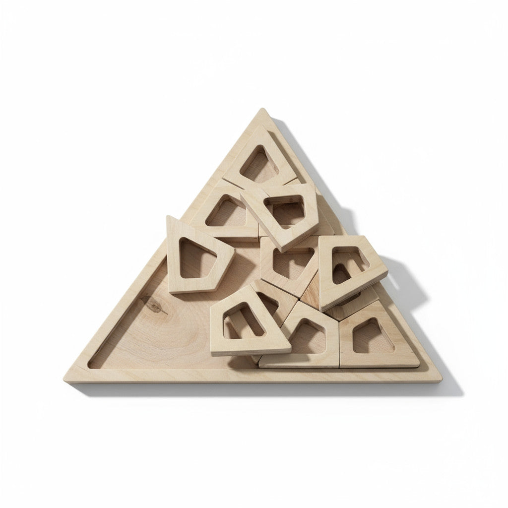 Wooden Triangle Puzzle Board in Birch, Handmade Wooden Puzzle Toy - scale and shape detail