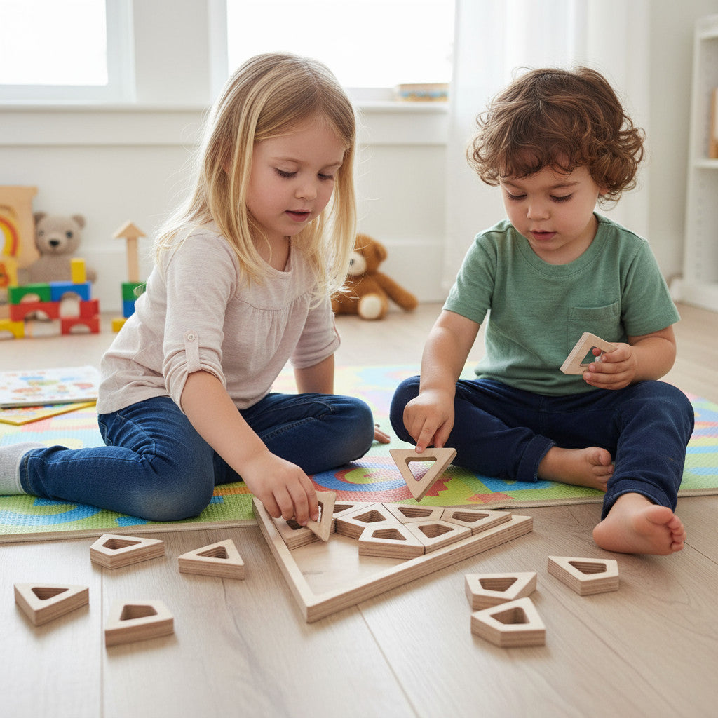Wooden Triangle Puzzle Board in Birch, Handmade Wooden Puzzle Toy - front view of the wooden activity toy