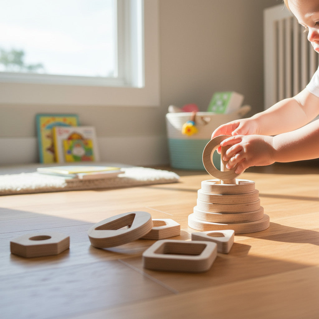Geometric Wooden Puzzle Toy, Handmade Wooden Shape Puzzle Board, Natural Nursery Activity Toy, Toddler Gift - side view showing the slim profile