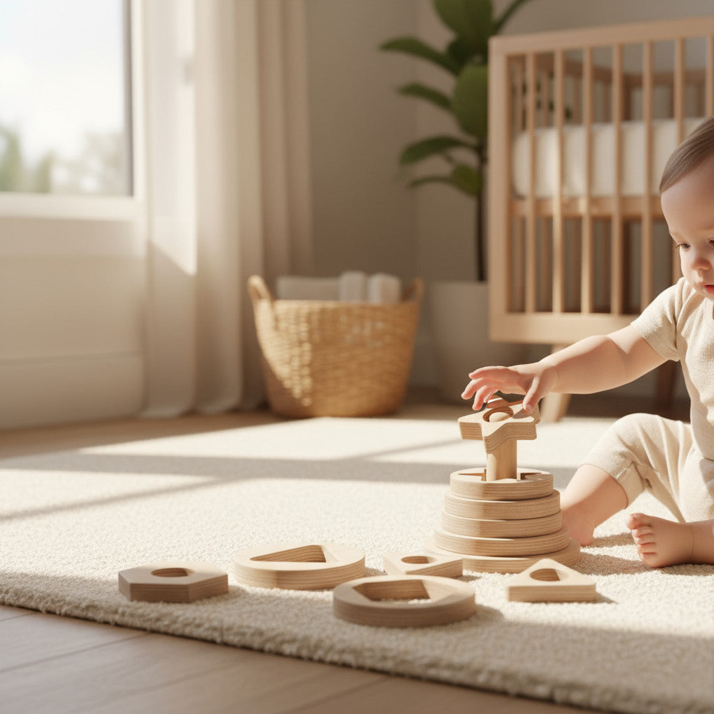 Geometric Wooden Puzzle Toy, Handmade Wooden Shape Puzzle Board, Natural Nursery Activity Toy, Toddler Gift - front view of the wooden activity toy
