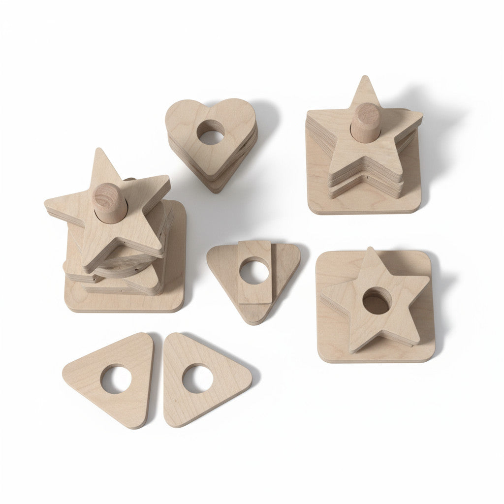 Wooden Geometric Puzzle Toy, Twin Shape Sorting Board, Montessori-Inspired Activity for Kids, Handmade Wood Puzzle - side view showing the slim profile