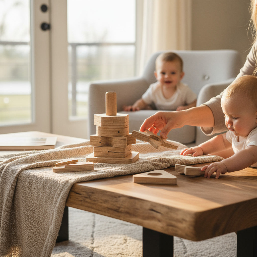 Wooden Geometric Puzzle Toy, Twin Shape Sorting Board, Montessori-Inspired Activity for Kids, Handmade Wood Puzzle - handmade wooden toy detail
