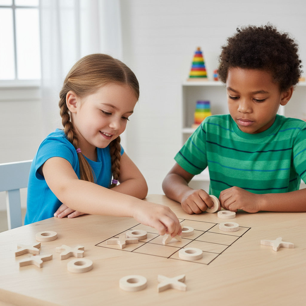 Wooden XOX Puzzle Toy, Single Piece Game Board, Handmade Wooden Activity Toy - wood material and finish detail