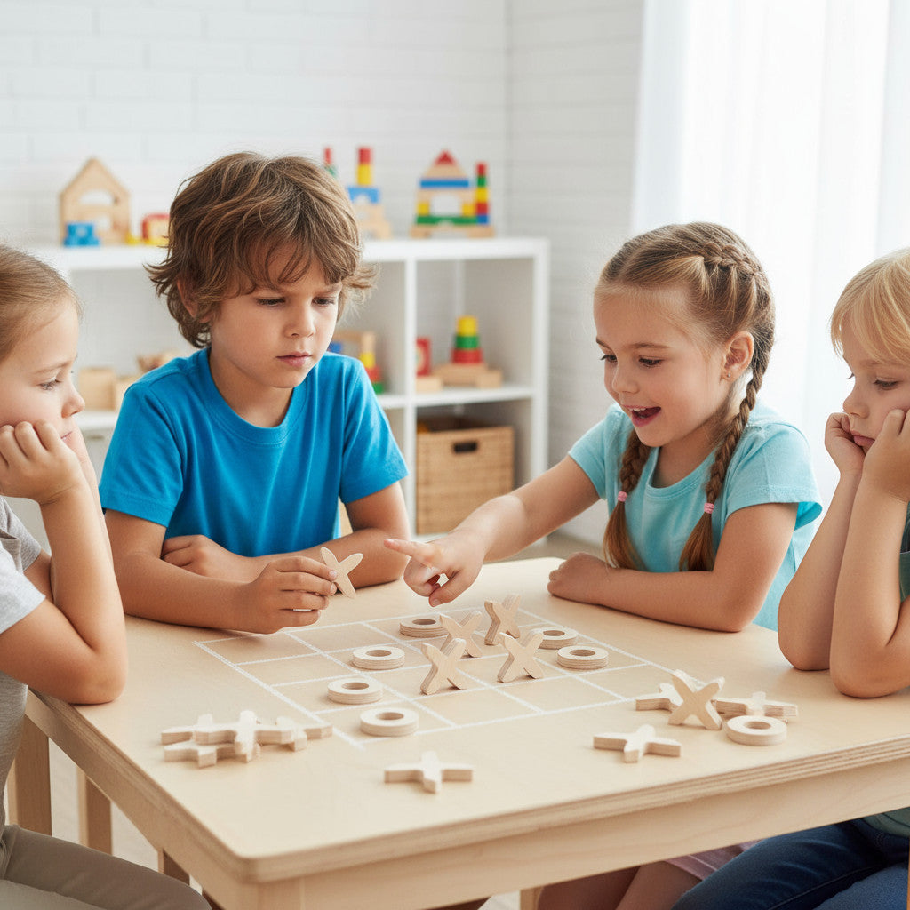 Wooden XOX Puzzle Toy, Single Piece Game Board, Handmade Wooden Activity Toy - scale and shape detail
