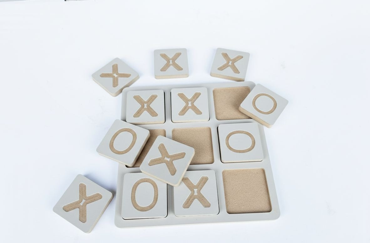 Gray Wooden XOX Puzzle Board, Cube Tic Tac Toe Game, MDF Activity Toy, 20 cm - side view showing the slim profile