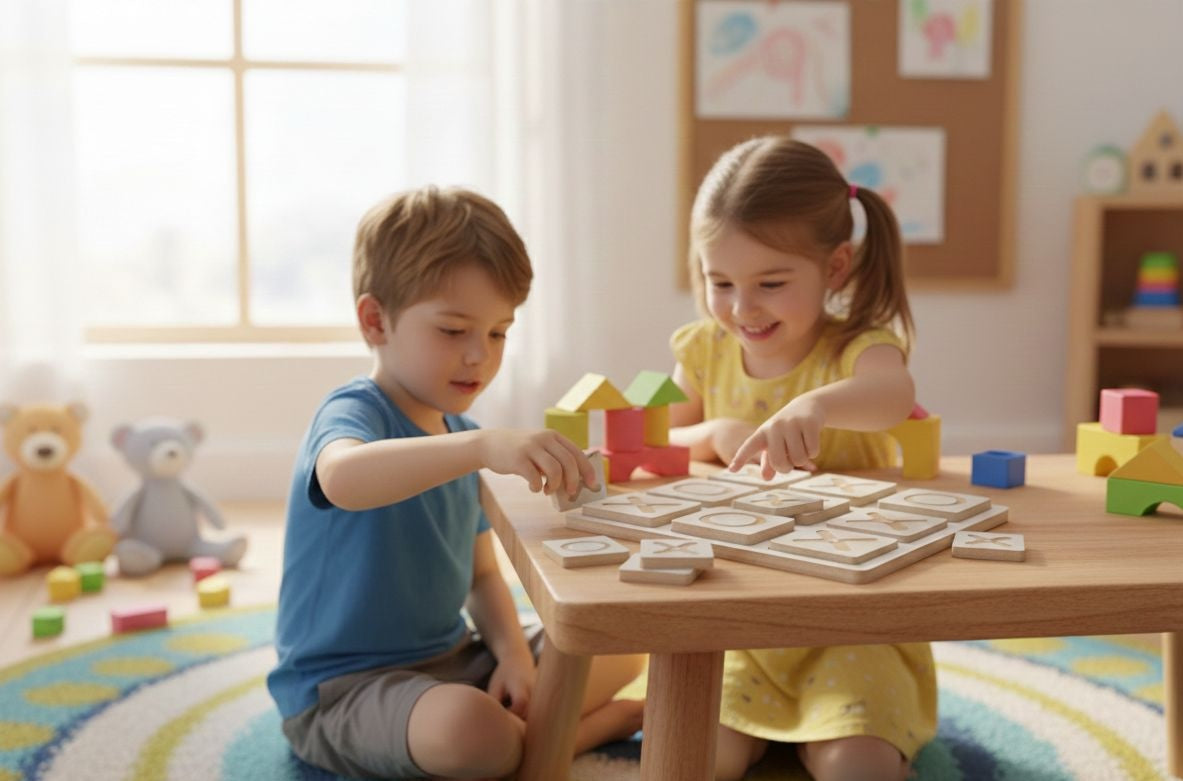 Gray Wooden XOX Puzzle Board, Cube Tic Tac Toe Game, MDF Activity Toy, 20 cm - scale and shape detail