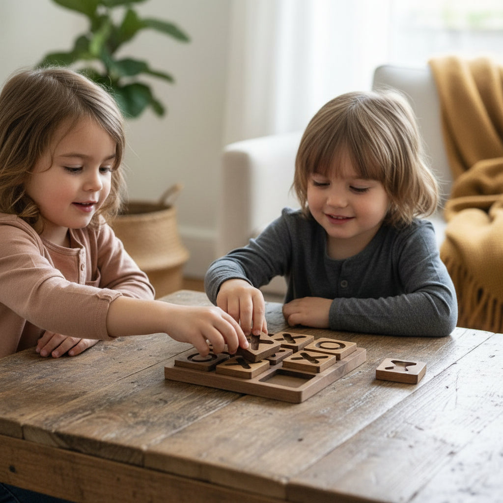 Wooden XO Puzzle Board in Brown, MDF Tic Tac Toe Game - close up of the wooden puzzle design