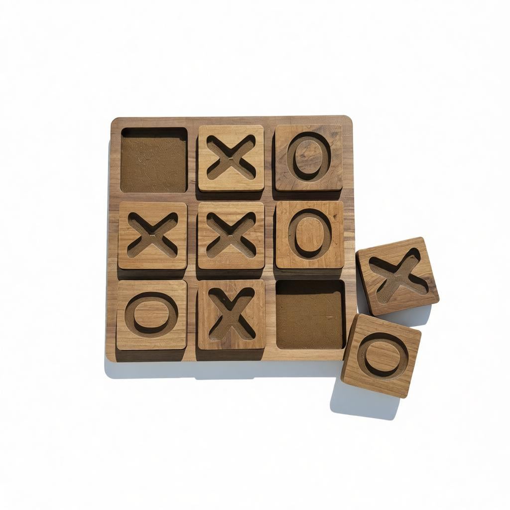 Wooden XO Puzzle Board in Brown, MDF Tic Tac Toe Game - scale and shape detail