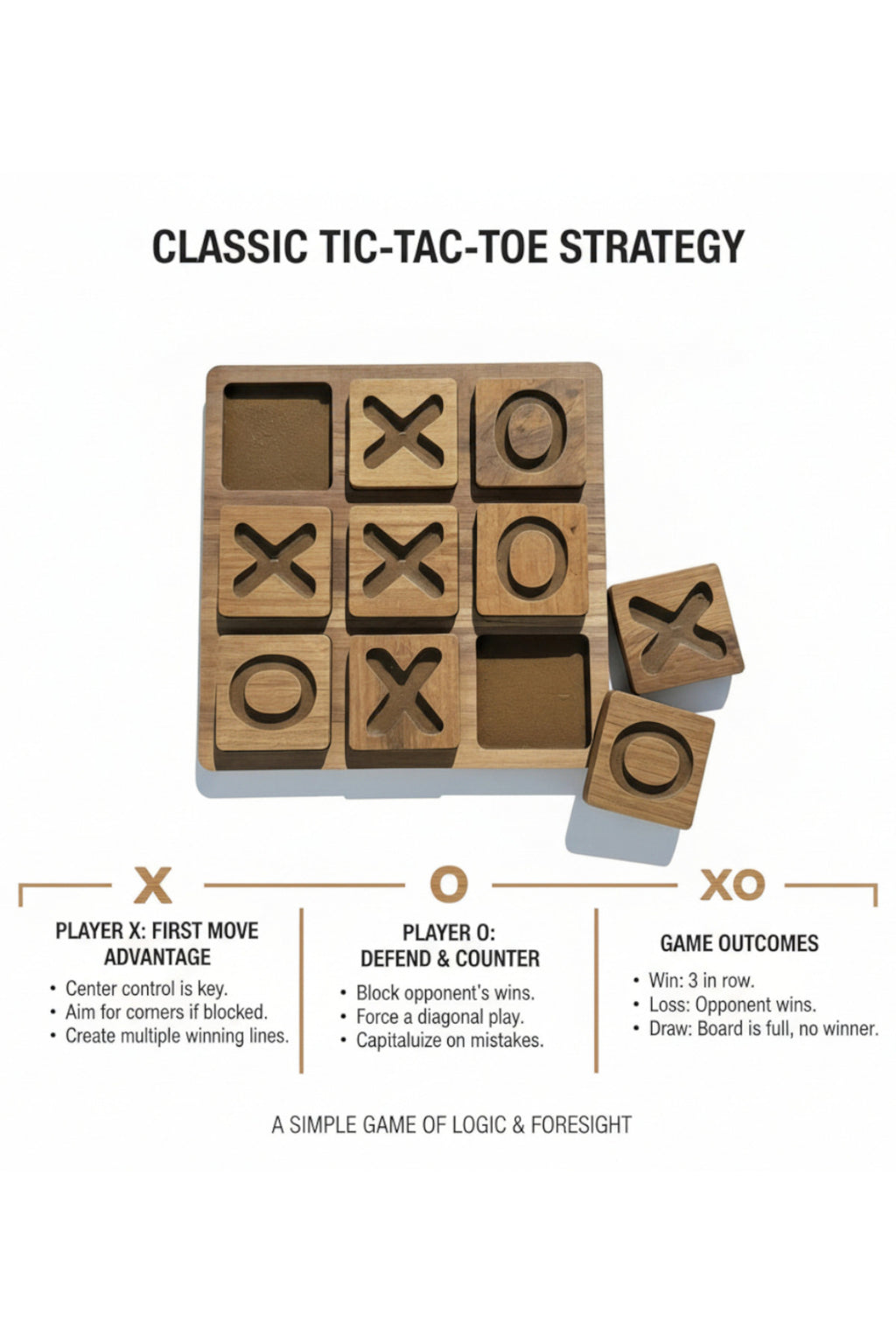 Wooden XO Puzzle Board in Brown, MDF Tic Tac Toe Game - front view of the wooden activity toy