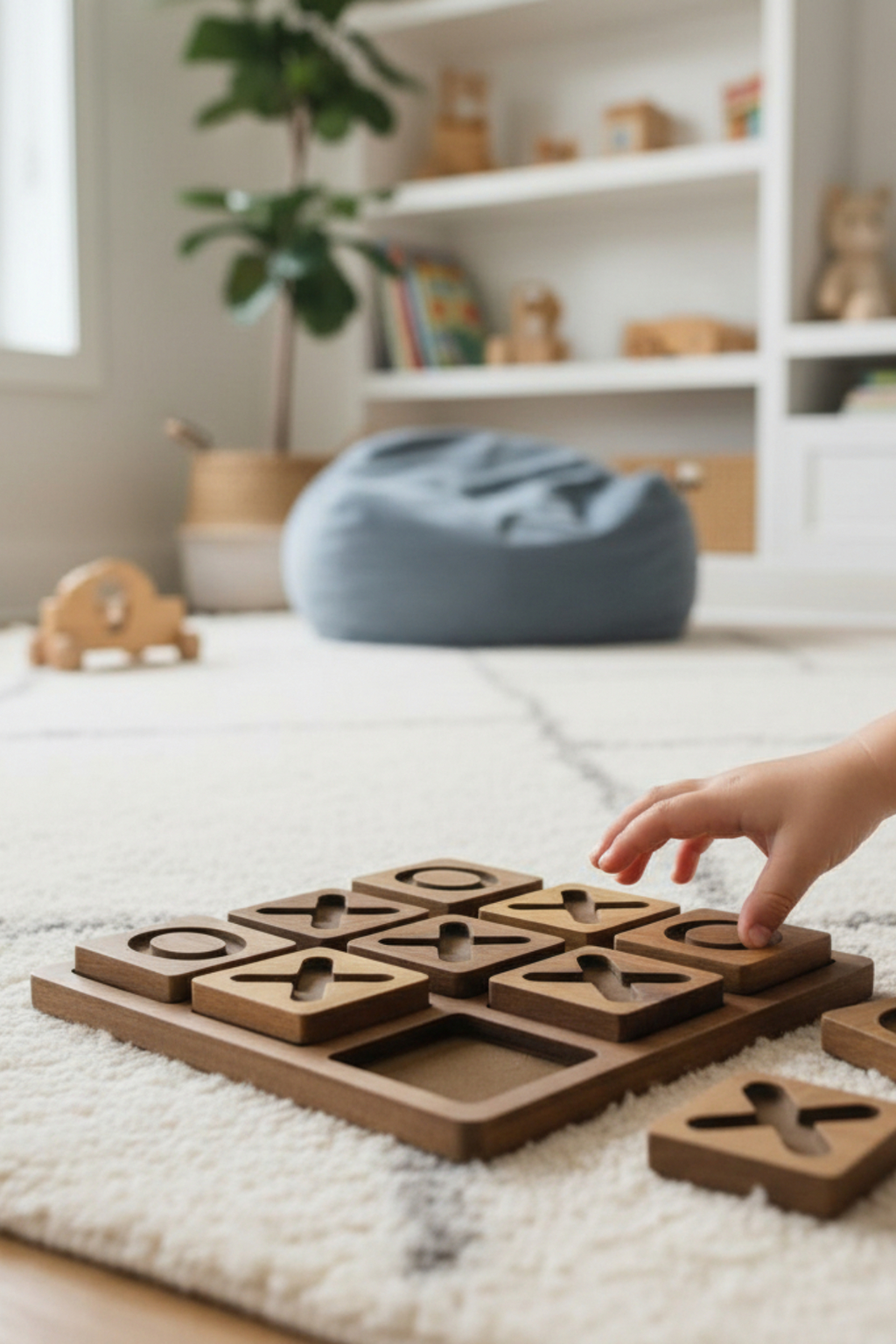 Wooden XO Puzzle Board in Brown, MDF Tic Tac Toe Game - detail view for shoppers