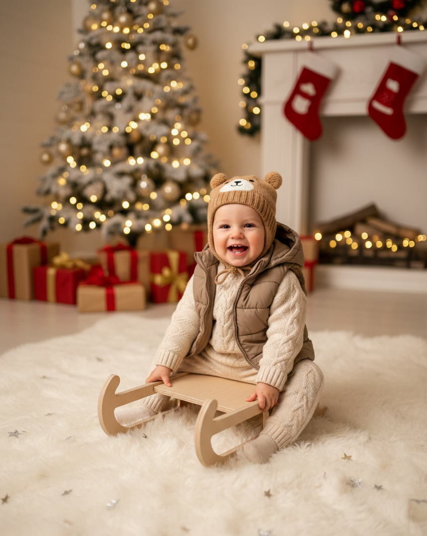 Wooden Slide Chair, Brown Kids Activity Toy, Natural Wood Stool with Slanted Seat - playroom or nursery display idea