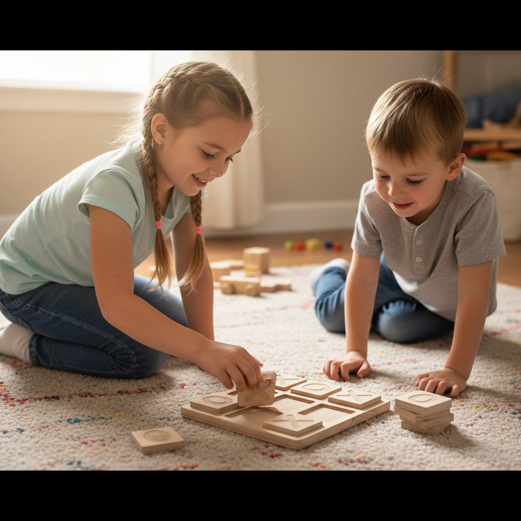 Wooden Tic Tac Toe Cube Game Board, Handcrafted 25 cm Wooden X and O Puzzle Toy - wood material and finish detail