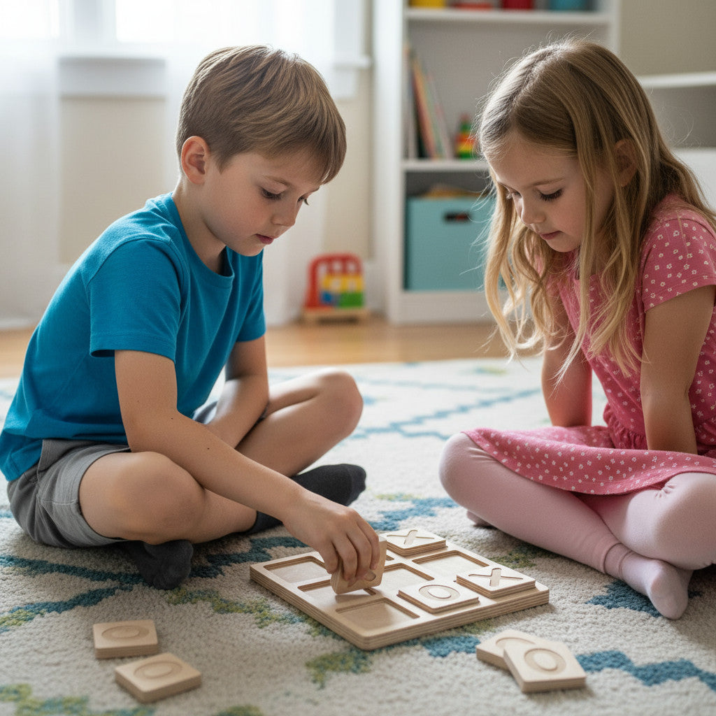 Wooden Tic Tac Toe Cube Game Board, Handcrafted 25 cm Wooden X and O Puzzle Toy - side view showing the slim profile