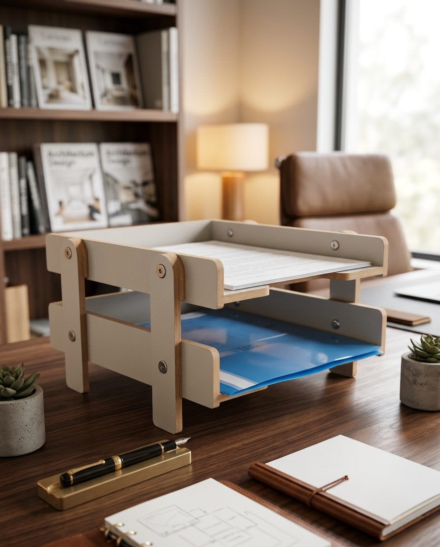 Wooden Desk File Holder, MDF Document Tray, Office Paper Organizer, Minimal Storage Rack - size and shape detail