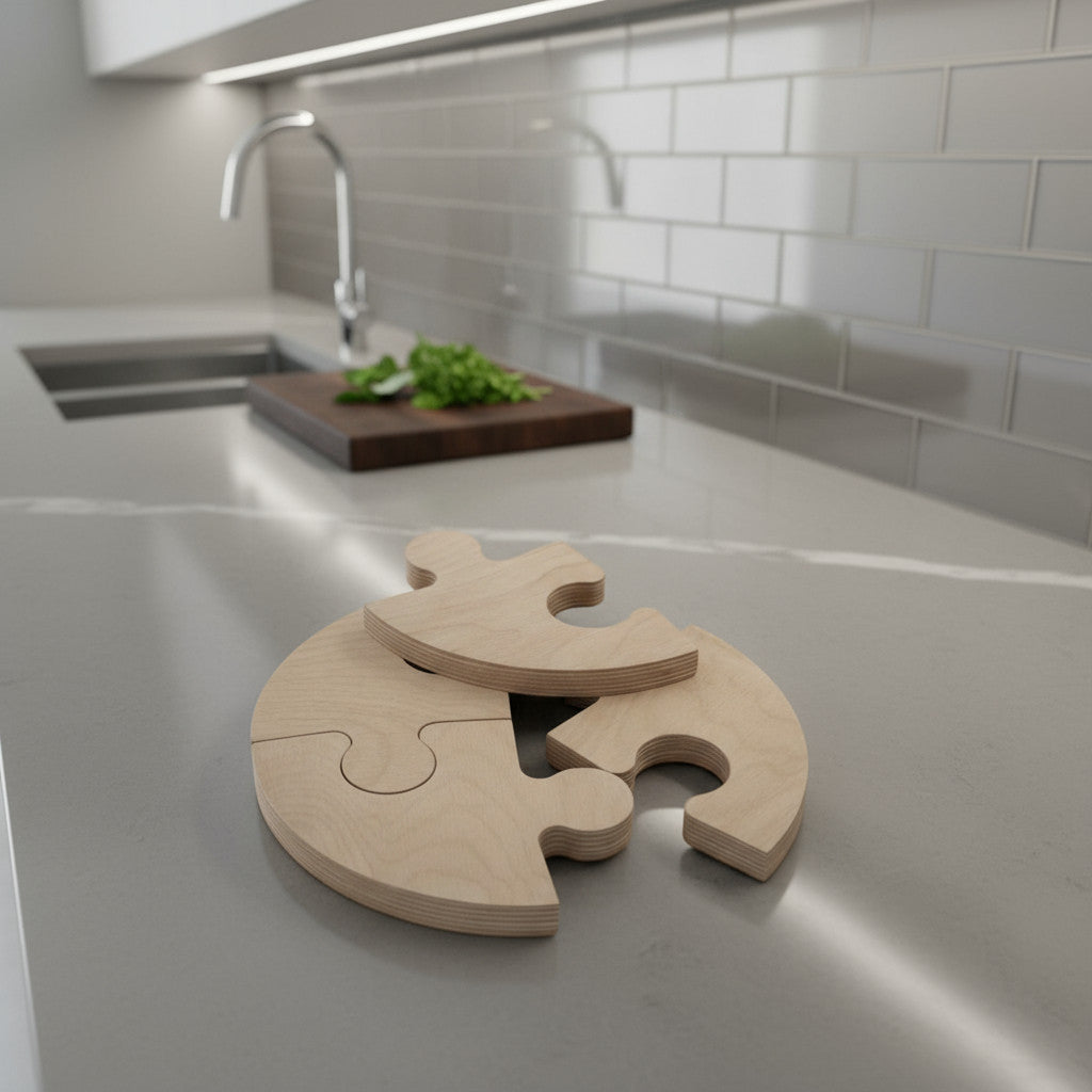 Wooden Puzzle Coaster, Square Puzzle Cup Holder, Handmade Desk or Table Coaster, 22 cm - scale and shape detail