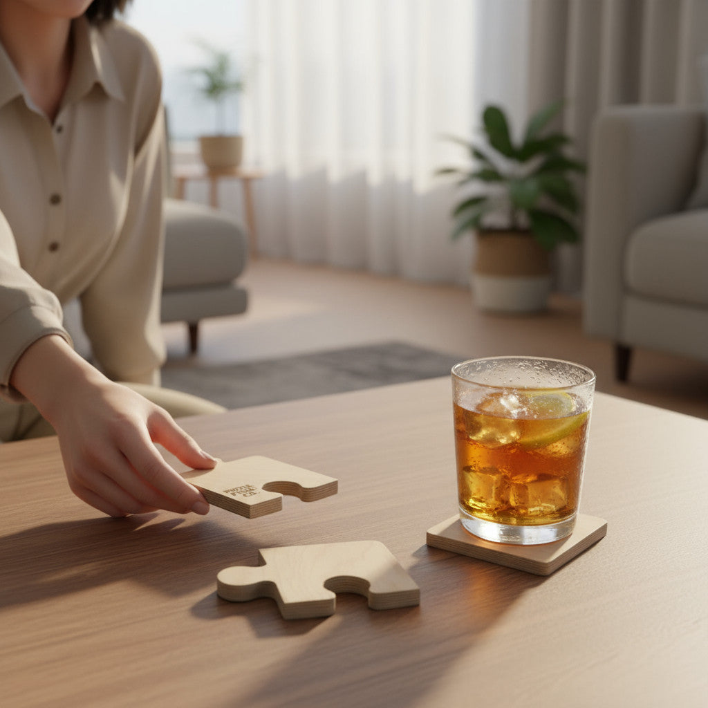 Square Wooden Coaster Tray | Minimal Handmade Wooden Organizer, 20 x 20 cm - side view showing the product profile