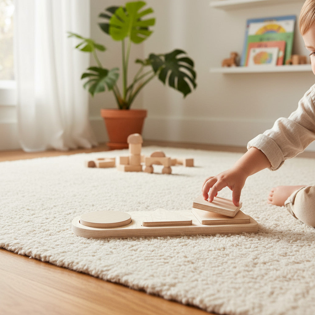 3 Piece Geometry Wooden Puzzle Toy | Hands-On Shape Board for Toddlers | Natural Wood Activity Toy - close up of the wooden puzzle design