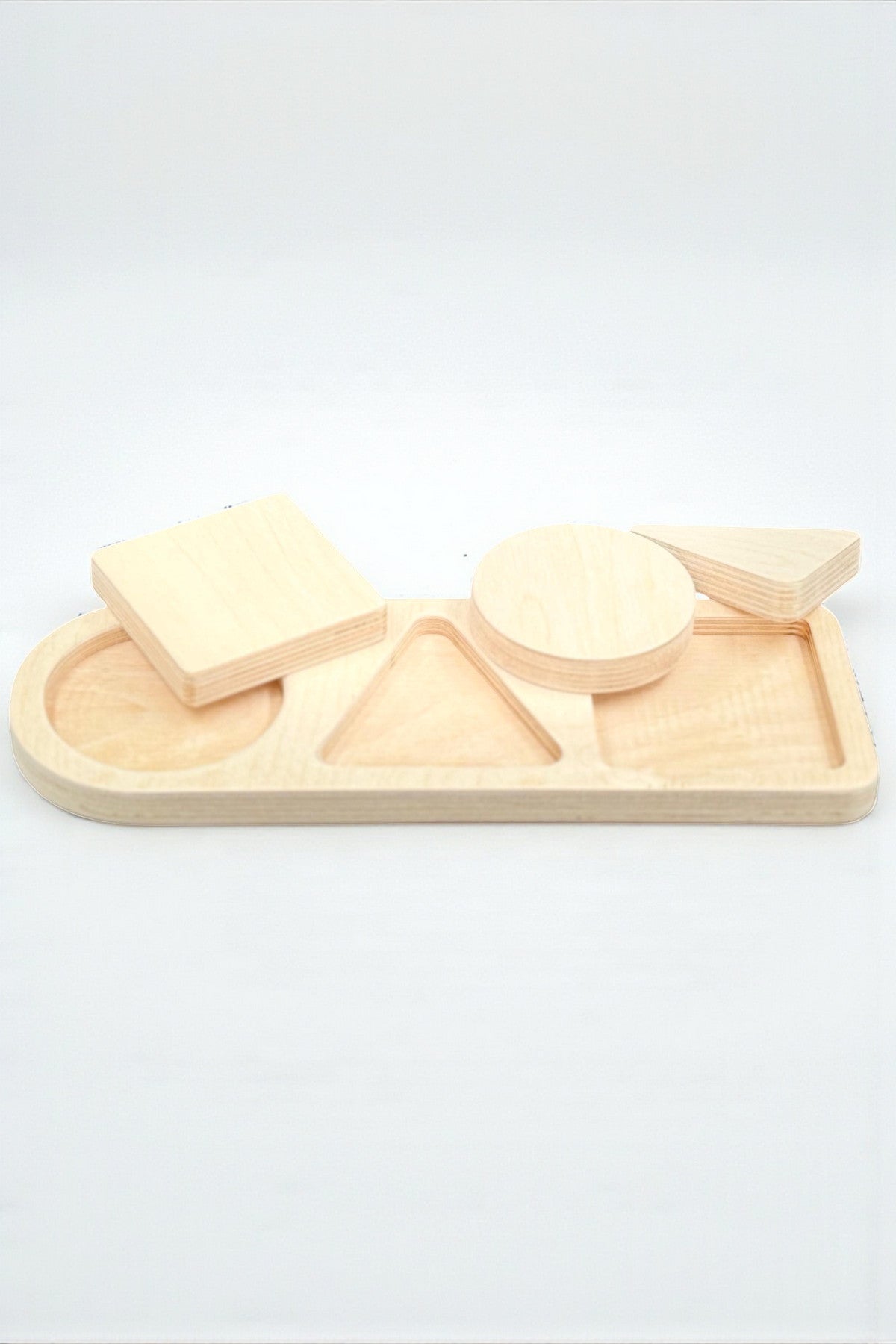 3 Piece Geometry Wooden Puzzle Toy | Hands-On Shape Board for Toddlers | Natural Wood Activity Toy - side view showing the slim profile