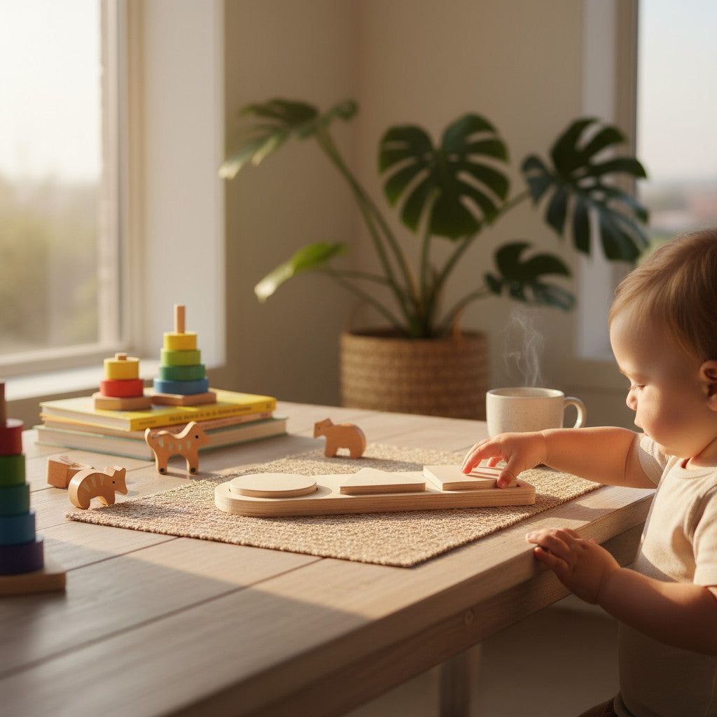 3 Piece Geometry Wooden Puzzle Toy | Hands-On Shape Board for Toddlers | Natural Wood Activity Toy - scale and shape detail
