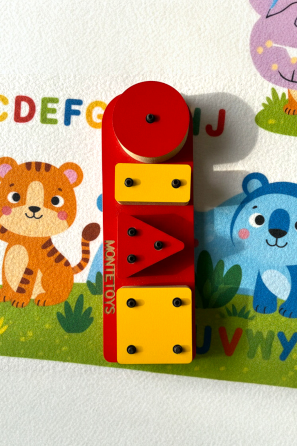 4-Piece Red Geometric Wooden Puzzle Toy, MDF Shape Activity Board, Handmade Wooden Toy for Playroom or Nursery - main product view
