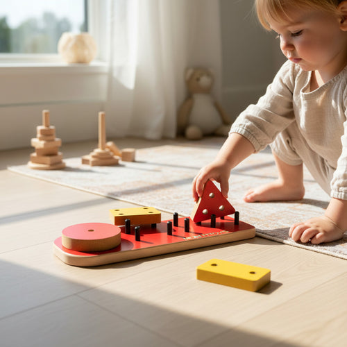 4-Piece Red Geometric Wooden Puzzle Toy, MDF Shape Activity Board, Handmade Wooden Toy for Playroom or Nursery - close up of the wooden puzzle design