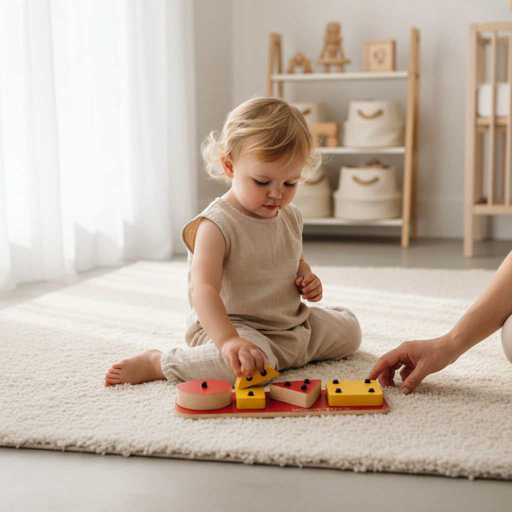 4-Piece Red Geometric Wooden Puzzle Toy, MDF Shape Activity Board, Handmade Wooden Toy for Playroom or Nursery - wood material and finish detail