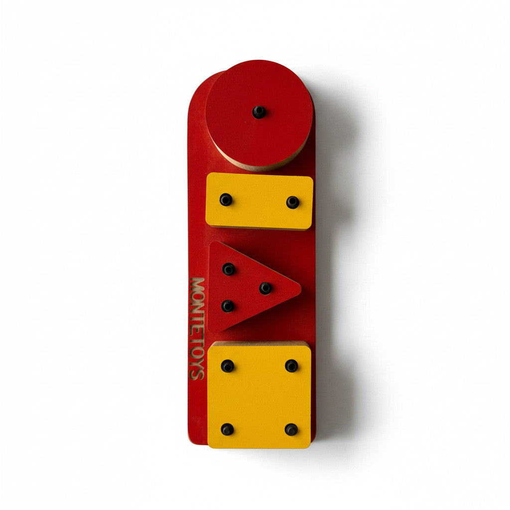 4-Piece Red Geometric Wooden Puzzle Toy, MDF Shape Activity Board, Handmade Wooden Toy for Playroom or Nursery - side view showing the slim profile