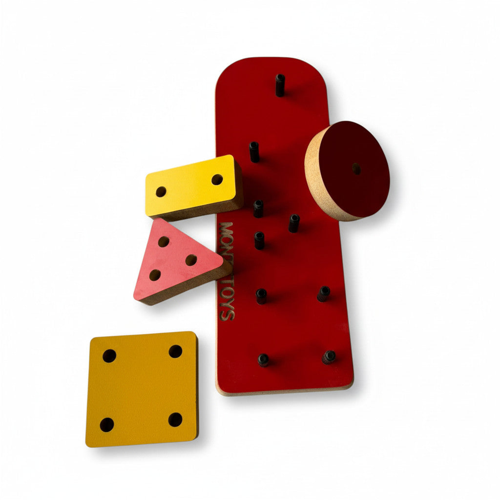 4-Piece Red Geometric Wooden Puzzle Toy, MDF Shape Activity Board, Handmade Wooden Toy for Playroom or Nursery - scale and shape detail