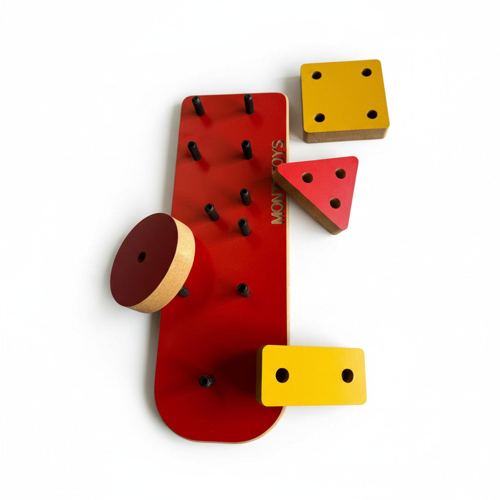 4-Piece Red Geometric Wooden Puzzle Toy, MDF Shape Activity Board, Handmade Wooden Toy for Playroom or Nursery - playroom or nursery display idea