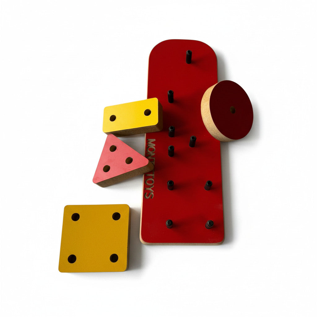 4-Piece Red Geometric Wooden Puzzle Toy, MDF Shape Activity Board, Handmade Wooden Toy for Playroom or Nursery - front view of the wooden activity toy
