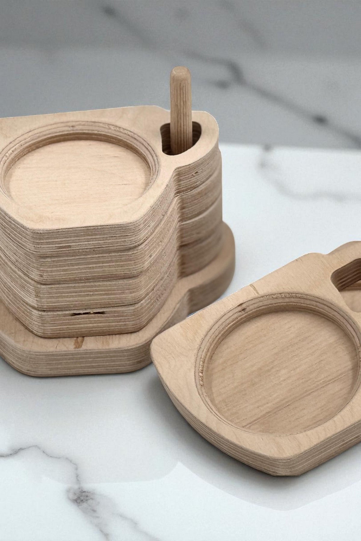 Wooden Cup Set Toy, Handcrafted Pretend Play Cups, Natural Wood Activity Toy, Nursery Shelf Display Toy - close up of the wooden puzzle design
