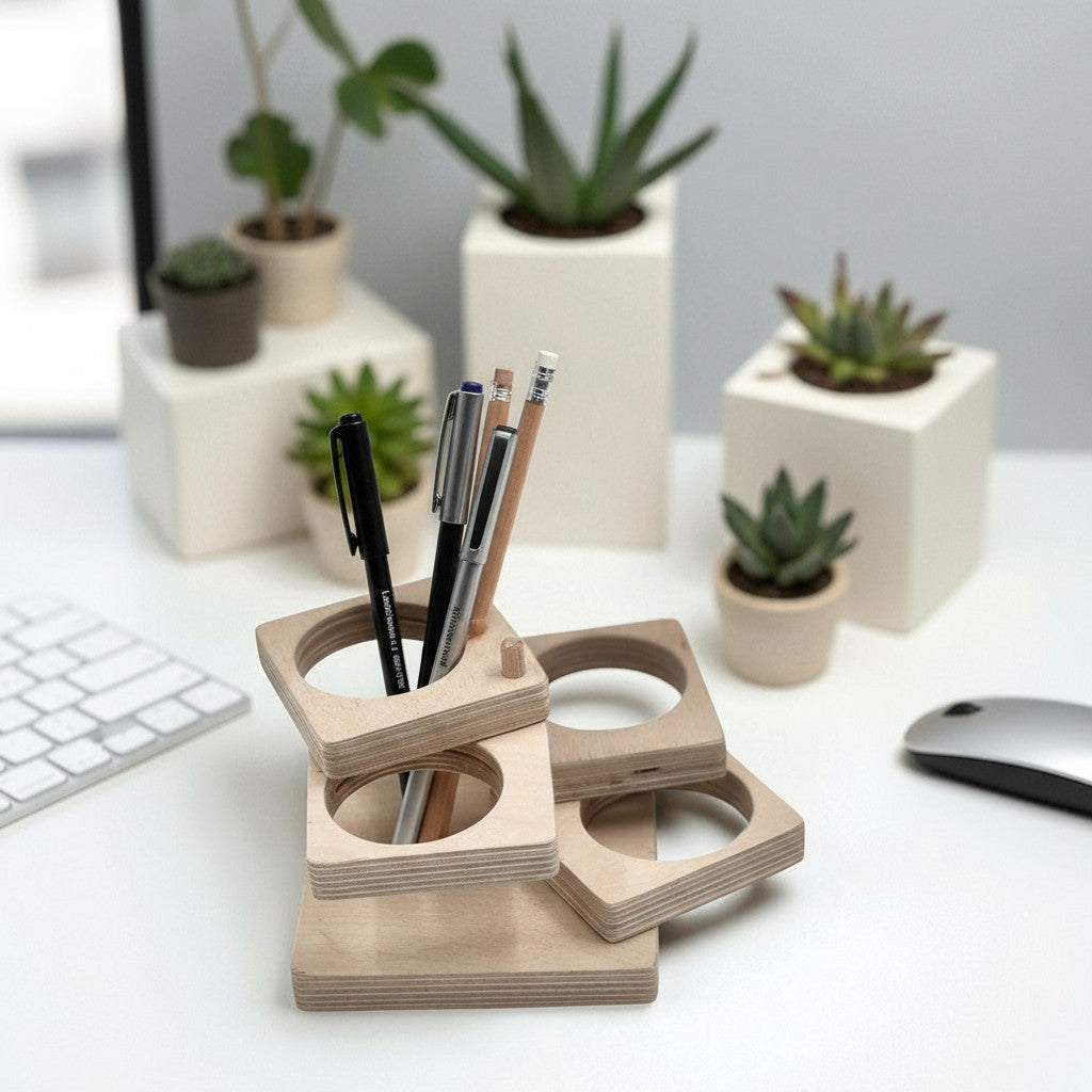 Wooden Pencil Holder, Small Desk Organizer for Kids, Handmade Wooden Pen Cup, Nursery Shelf Accessory - main product view