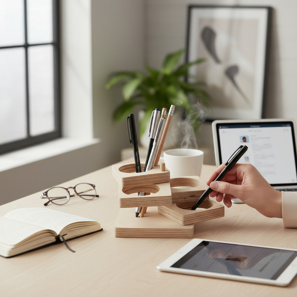 Wooden Pencil Holder, Small Desk Organizer for Kids, Handmade Wooden Pen Cup, Nursery Shelf Accessory - close up of the product detail