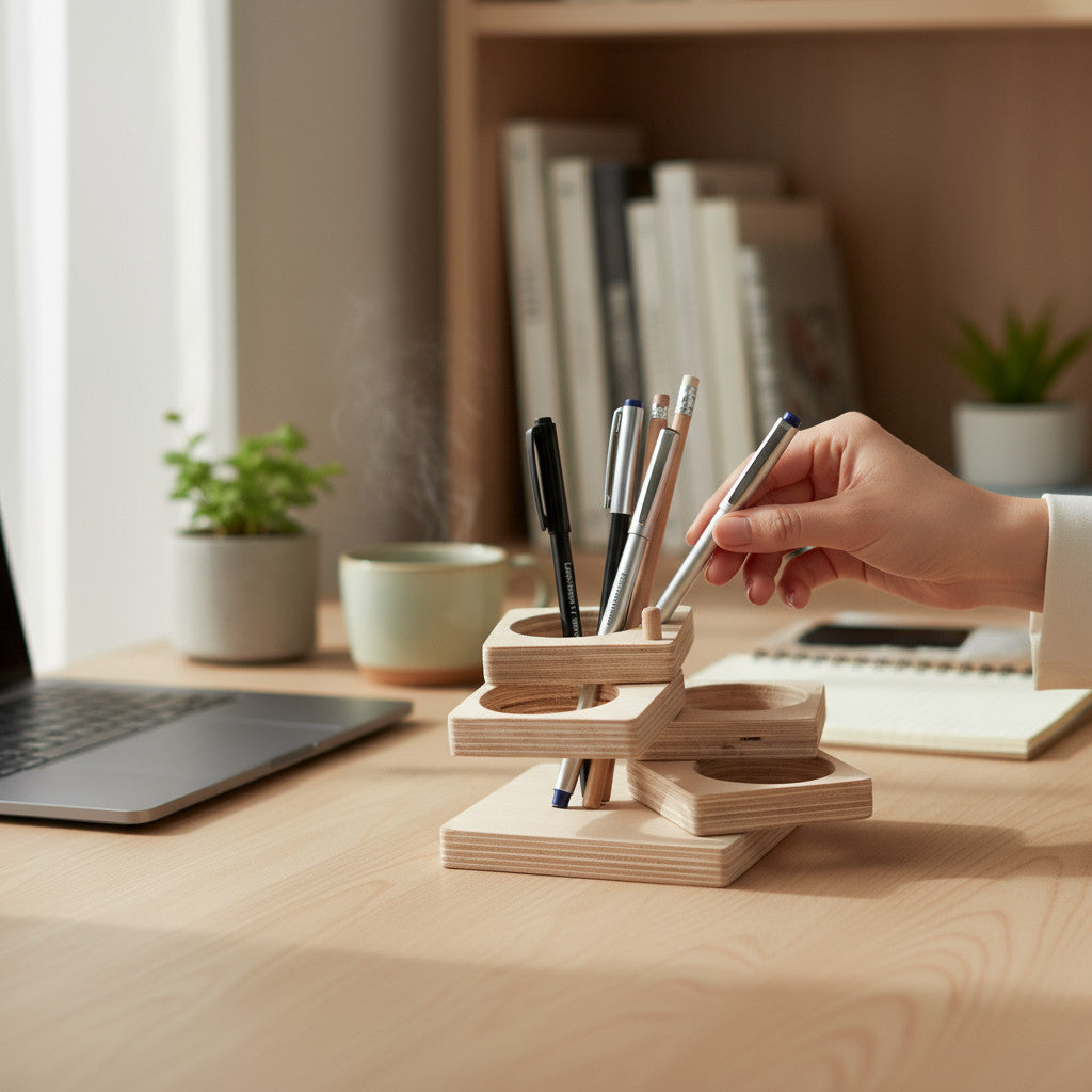 Wooden Pencil Holder, Small Desk Organizer for Kids, Handmade Wooden Pen Cup, Nursery Shelf Accessory - styled use and display idea